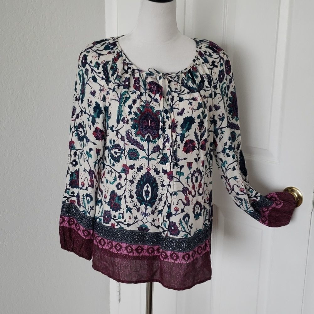 Lucky Brand Blue And Purple Leafy Patterned Women's Top